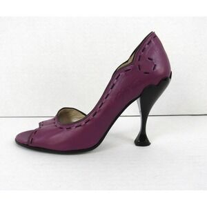 John Fluevog Hepburn Purple Leather Black Stitching Pumps Heels Open Toe
